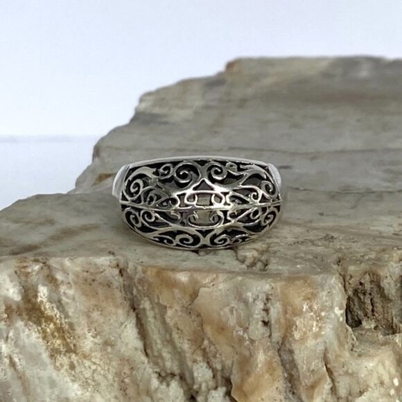 Sterling Silver 925 11mm Scrollwork Pierced Metal Work Wide Band Ring Sz 7 4g - Picture 12 of 16